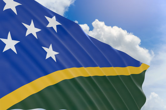 3D rendering of Solomon Islands flag waving on blue sky