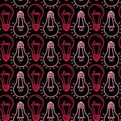 Lamp, light bulb with heart seamless pattern design. Hand drawn doodle light bulb icon. Concept of big idea inspiration, innovation, love. Vector illustration. Idea and love symbol. Sketch.  