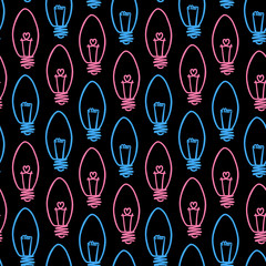 Lamp, light bulb with heart seamless pattern design. Hand drawn doodle light bulb icon. Concept of big idea inspiration, innovation, love. Vector illustration. Idea and love symbol. Sketch.  