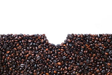 Coffee beans on white background in half frame