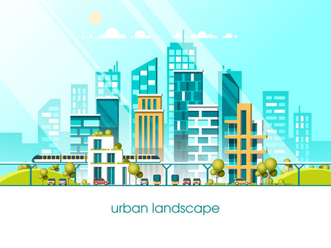 Green energy and eco friendly city. Modern architecture, buildings, hi-tech townhouses, green roofs, skyscrapers. Flat vector illustration. 3d style.