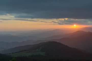Sunset in the mountains. Travel to the mountains. Carpathians, Ukraine