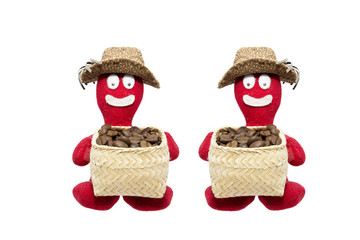 Doll gardeners red  hold roasted coffee bean on a basket on white background