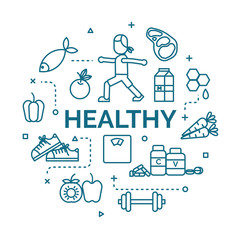 lettering of healthy concept with line icons set.