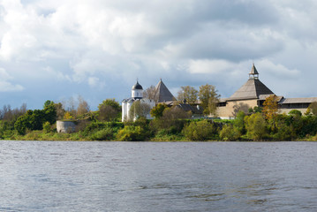 View of Saint Georgy's church in the Old Ladoga fortress in the cloudy September afternoon. Leningrad Region, Russia