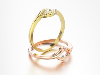 3D illustration isolated rose and yellow gold engagement illusion twisted ring with diamond with reflection