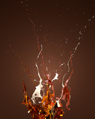 A beautiful splash of caramel, chocolate, milk and honey. 3d image, 3d rendering.