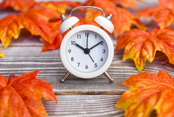 Autumn Leaves Background, Autumn Leaves and Alarm Clock with grunge wood with space for your message. The idea of autumn has come