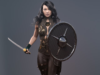 warrior woman character with sword and shield - 3d rendering