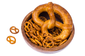 Beer in mug and salted bretzels as an appetizer