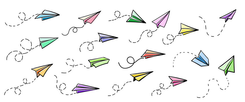 Vector paper airplane. Travel, route symbol. Set of colourful vector illustration of hand drawn paper plane. Isolated. Outline. Hand drawn doodle airplane. Black linear paper plane icon