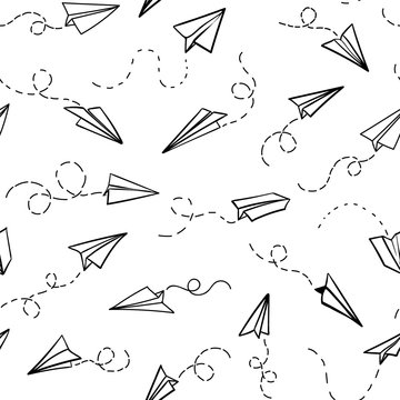 Seamless pattern with vector paper airplane. Travel, route symbol. Vector illustration of  background with hand drawn paper plane. Outline. Hand drawn doodle airplane. Black linear paper plane icon