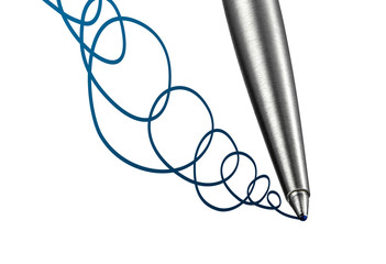 Conceptual photo illustration of ball point pen close up as it traces an ink line