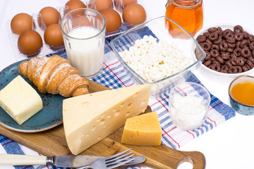 Set of dairy products, honey, fruit for healthy diet