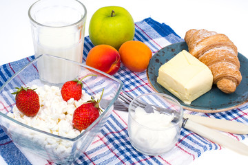 Set of dairy products, honey, fruit for healthy diet