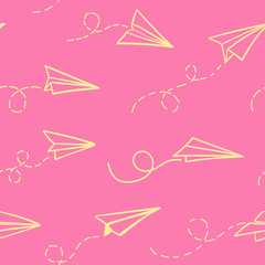 Seamless pattern with vector paper airplane. Travel, route symbol. Vector illustration of  background with hand drawn paper plane. Outline. Hand drawn doodle airplane. Black linear paper plane icon