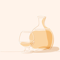 Cognac bottle and glass isolated on white background. Continuous line drawing. Soft color Vector illustration