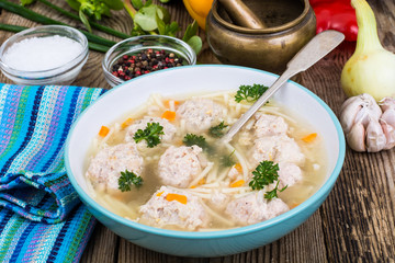 Wooden table, served for dinner