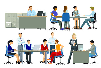 Büroarbeitsplatz, Gruppe von Personen am Arbeitsplatz, Illustration