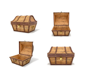 A set of vintage wooden chests on a white background. 3D illustration