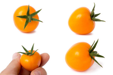 Fresh orange cherry tomato collage isolated on white background