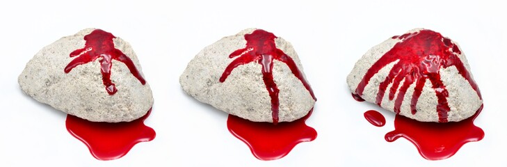 Stone with blood on white background close up