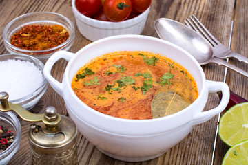 Vegetarian spicy vegetable soup with spices