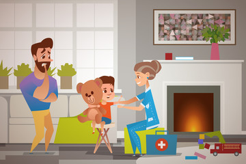 The father is very worried and afraid for his child. An elderly female doctor of a child measures the boy's temperature. Family doctor at home. Scattered toys