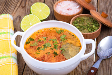 Vegetarian spicy vegetable soup with spices