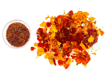 Flowers, petals and seeds of marigolds