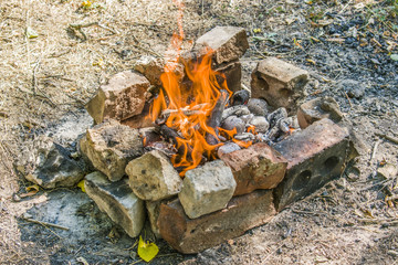 On a hot summer day, a bonfire burns.
