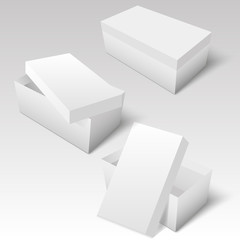 White package opened box with opened cover for shoe. Vector template