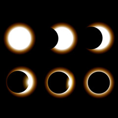 Different phases of sun eclipse on dark background. Vector illustration