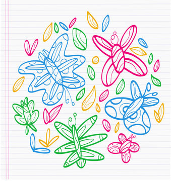 Sheet of notebook with drafts of colorful drawings of butterflies and tree leaves. All to make children happy