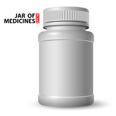 White plastic jar for medicines with a closed lid. Volumetric and real look. Side view.