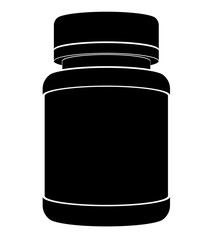 Black silhouette of a plastic jar for medicines with a closed lid. Flat side view.