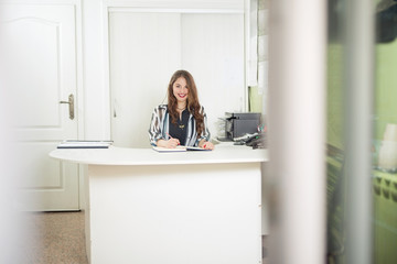 Fototapeta na wymiar Portrait of beautiful young secretary working at her desk