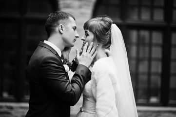 Close-up photo of a wedding couple looking into each other's eyes. Black and white photo.