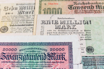 Old banknotes of the German bank of the period of the Weimar Republic