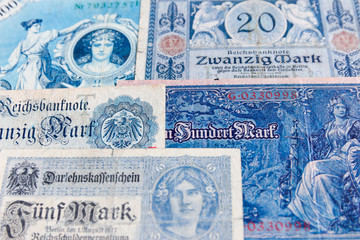 Old banknotes of the German bank of the period of the Second Reich