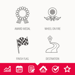 Winner award medal, destination and flag icons.