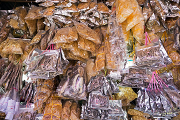 Dried seafood display in Kota Kinabalu market, Sabah Borneo, Malaysia.