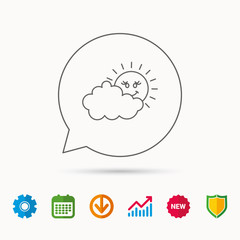 Cloudy day with sun icon. Overcast weather sign.