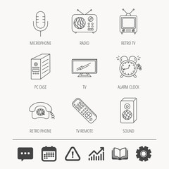 TV remote, retro phone and radio icons.