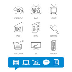 Radio, TV remote and video camera icons.