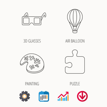 Puzzle, painting and air balloon icons.