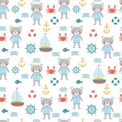 Papier Peint Lavable Vagues de la mer Modèle sans couture avec mignon petit ours marin. Fond d& 39 enfants marins avec poisson, voilier, crabe et ancre. Mer, conception de l& 39 océan