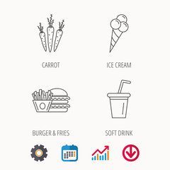 Hamburger, carrot and soft drink icons.