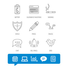 Battery, pencil and protection shield icons.