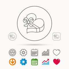 Love gift box icon. Heart with bow sign.